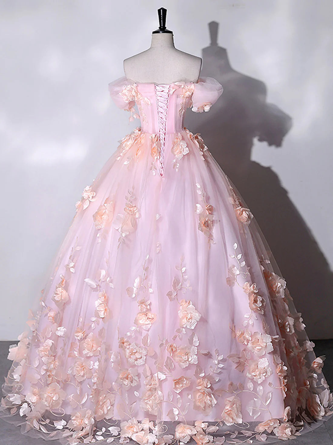Ball Gown Quinceanera Dresses Princess Dress Pink Off Shoulder Tulle Lace Applique Long Prom Dress, Pink Sweet Dress