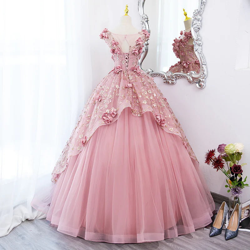 A-Line Evening Gown Quinceanera Floor Length Lovely Pink Tulle Long Party Dress With 3D Flowers Sweet 16 Gown