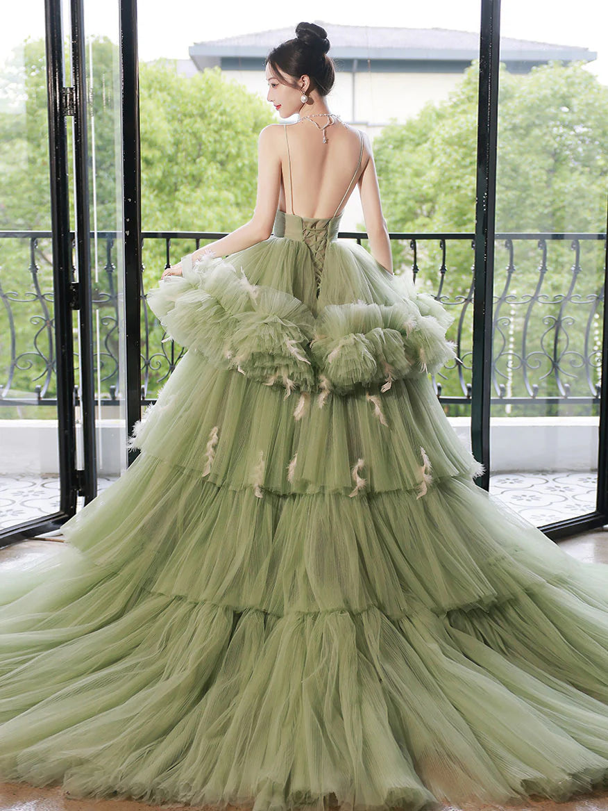 Ball Gown Quinceanera Dresses Princess Dress V Neck Tulle Long Prom Dress Green Tulle Sweet 16 Dress