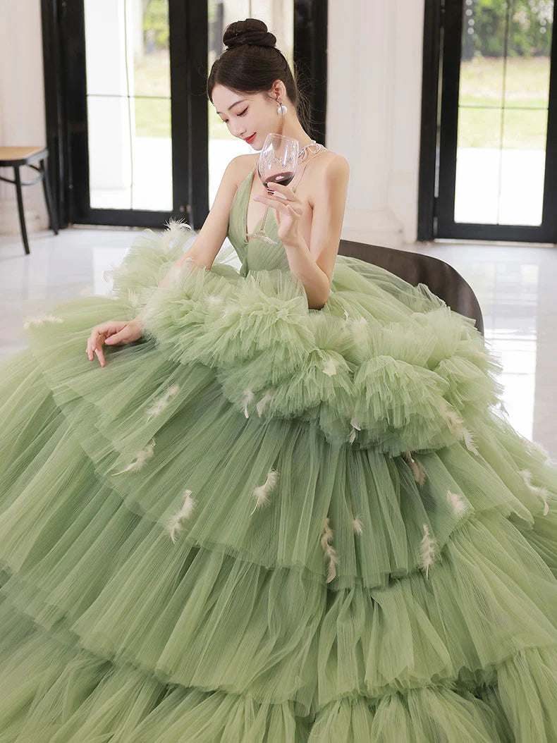 Ball Gown Quinceanera Dresses Princess Dress V Neck Tulle Long Prom Dress Green Tulle Sweet 16 Dress