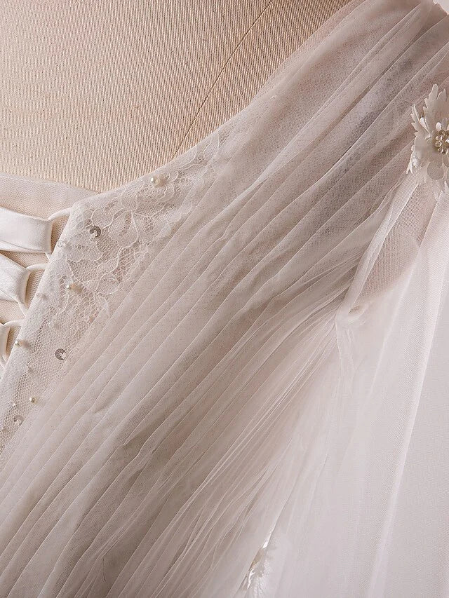 A-Line Wedding Dresses V Neck Floor Length Lace Satin Tulle Half Sleeve Formal Plus Size with Pearls Beading Appliques