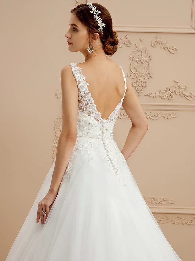 Ball Gown Wedding Dresses V Neck Court Train Tulle Beaded Lace Lace Over Tulle Spaghetti Strap Glamorous Illusion Detail Backless with Beading Appliques