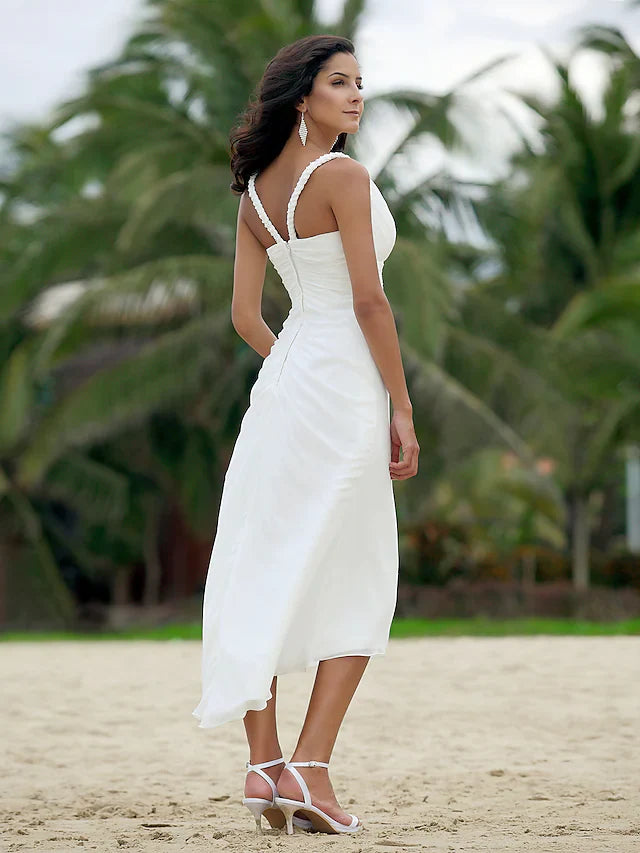 A-Line Wedding Dresses V Neck Asymmetrical Chiffon Spaghetti Strap Formal Casual Backless with Ruched
