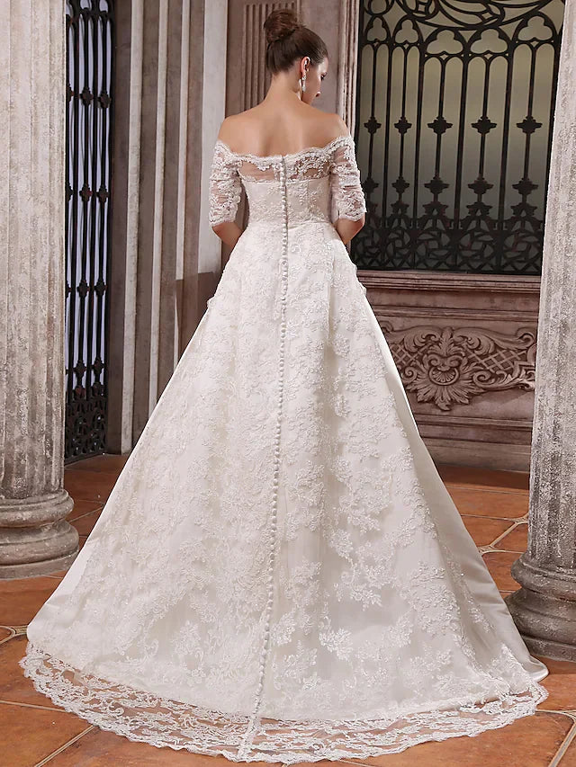 Ball Gown Wedding Dresses Scalloped-Edge Off Shoulder Court Train Satin Half Sleeve with Appliques