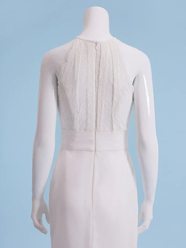 Wedding Dresses Halter Neck Floor Length Chiffon Lace Regular Straps Floral Lace with Lace Sash Ribbon