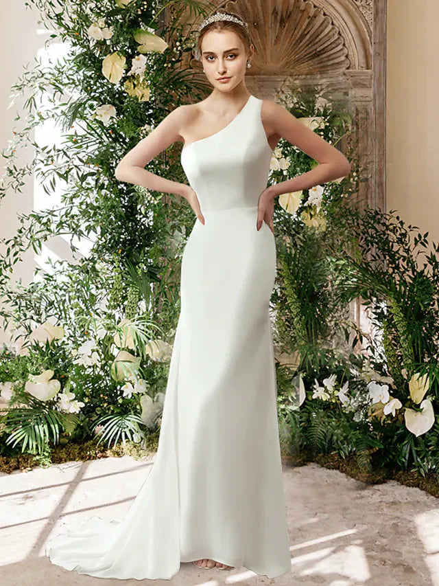 Wedding Dresses One Shoulder Chiffon Sleeveless Simple White