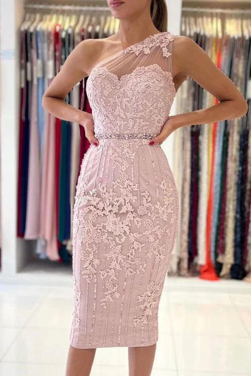 Sheath Pink One Shoulder bodycon Homecoming Dress With Belt Charming Party Dress