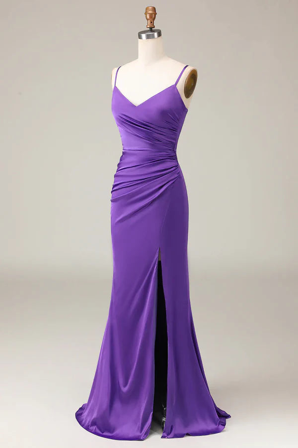 Purple thin shoulder strap V-neck tight slit satin bridesmaid dress Floor Length