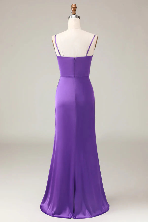 Purple thin shoulder strap V-neck tight slit satin bridesmaid dress Floor Length