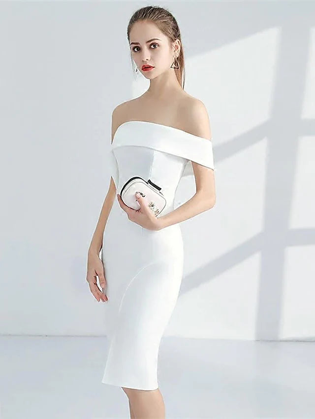 Minimalist Elegant Engagement Cocktail Party Dress Strapless Sleeveless Knee Length Stretch Fabric with Sleek Split