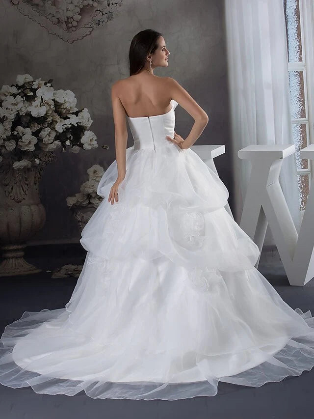 A-Line Wedding Dresses Strapless Chapel Train Organza Satin Strapless with Pick Up Skirt With Organza Layers