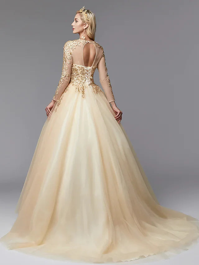 Ball Gown Wedding Dresses Jewel Neck Lace Tulle Long Sleeve Glamorous See-Through Backless Modern with Beading Appliques Gold Color