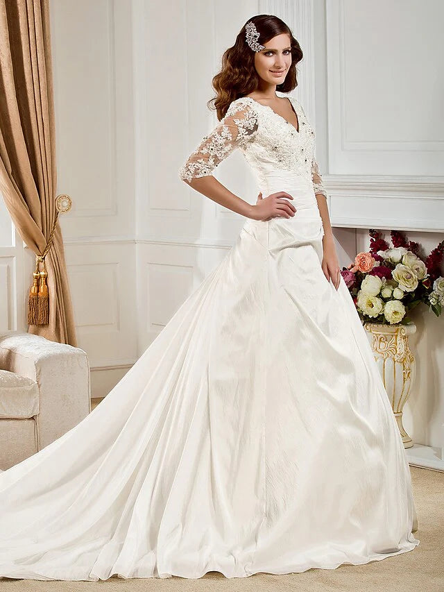 Ball Gown Wedding Dresses V Neck Chapel Train Taffeta Half Sleeve See-Through with Ruched Beading Appliques