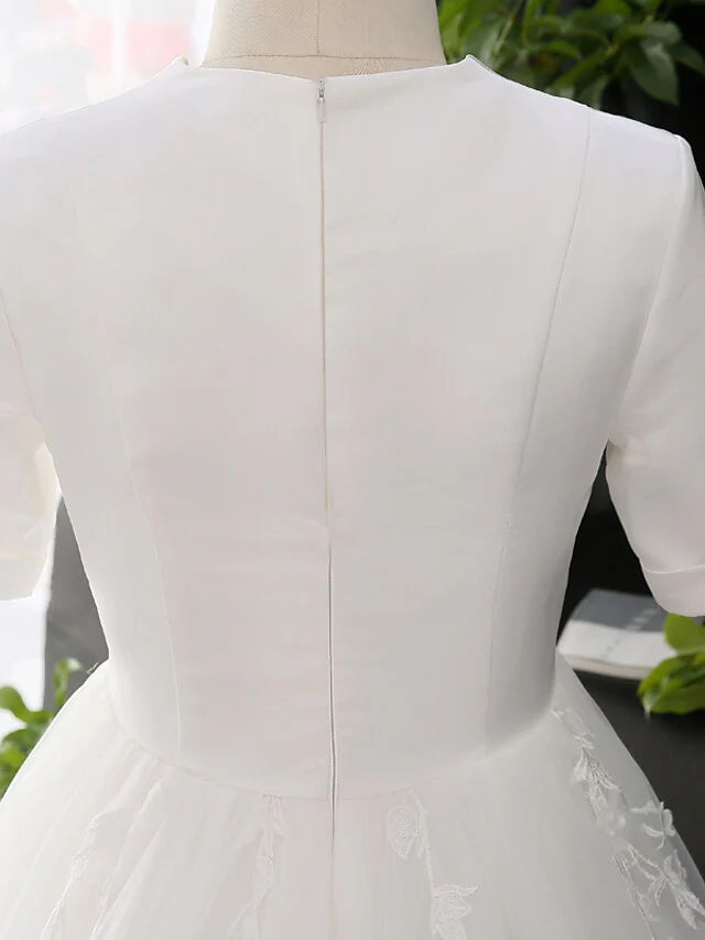 A-Line Wedding Dresses V Neck Court Train Satin Tulle Half Sleeve Simple Elegant with Appliques