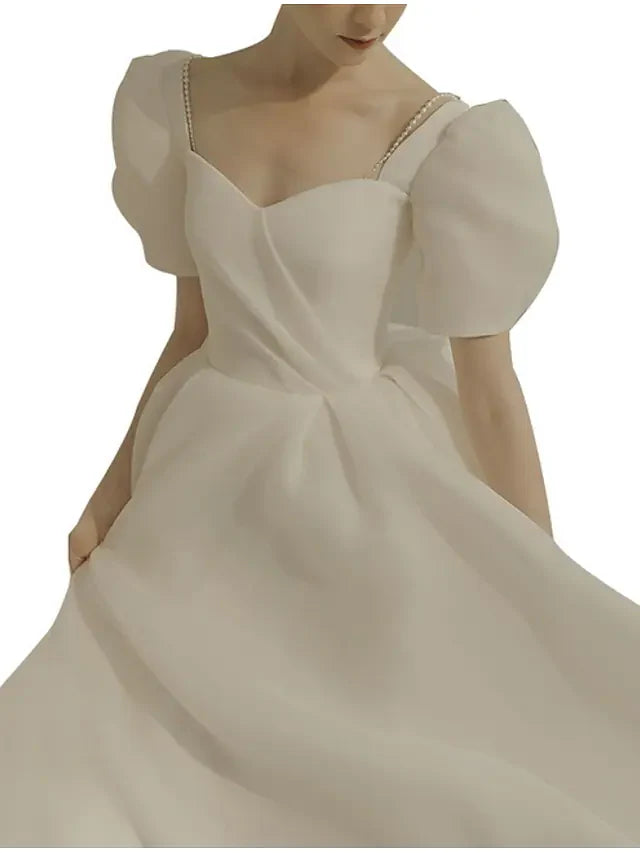A-Line Wedding Dresses Scoop Neck Ankle Length Organza Short Sleeve Country Simple Little White Dress with Ruffles