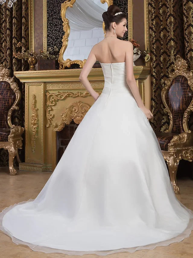 A-Line Wedding Dresses Sweetheart Neckline Court Train Organza Satin Strapless with Ruched Cascading Ruffles