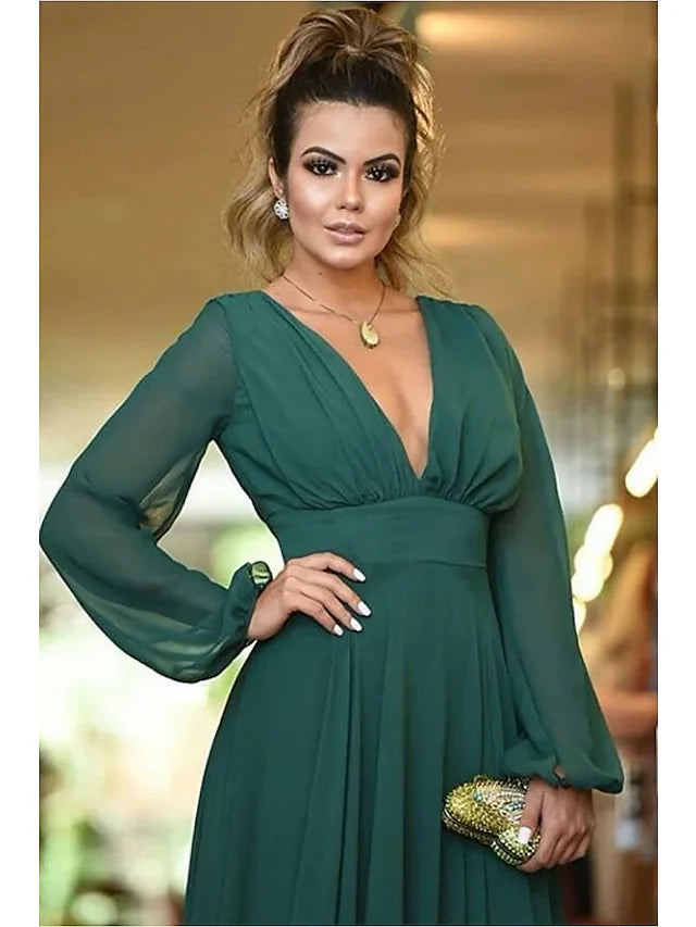 A-Line Plunging Neck Floor Length Chiffon Bridesmaid Dress with Pleats