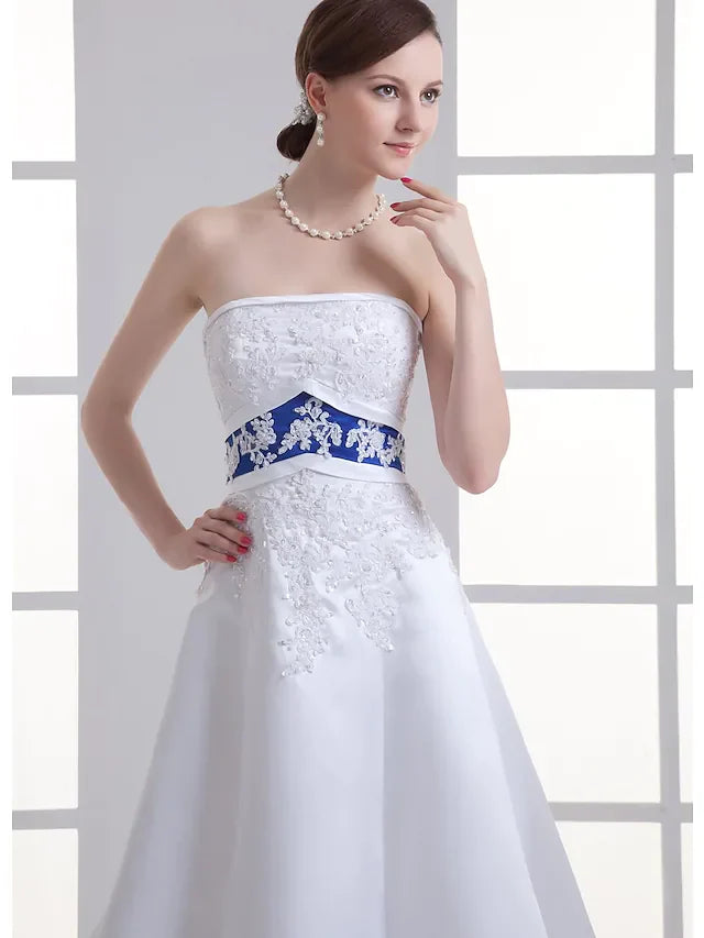 A-Line Wedding Dresses Strapless Court Train Lace Satin Strapless with Sashes Ribbons Beading Appliques