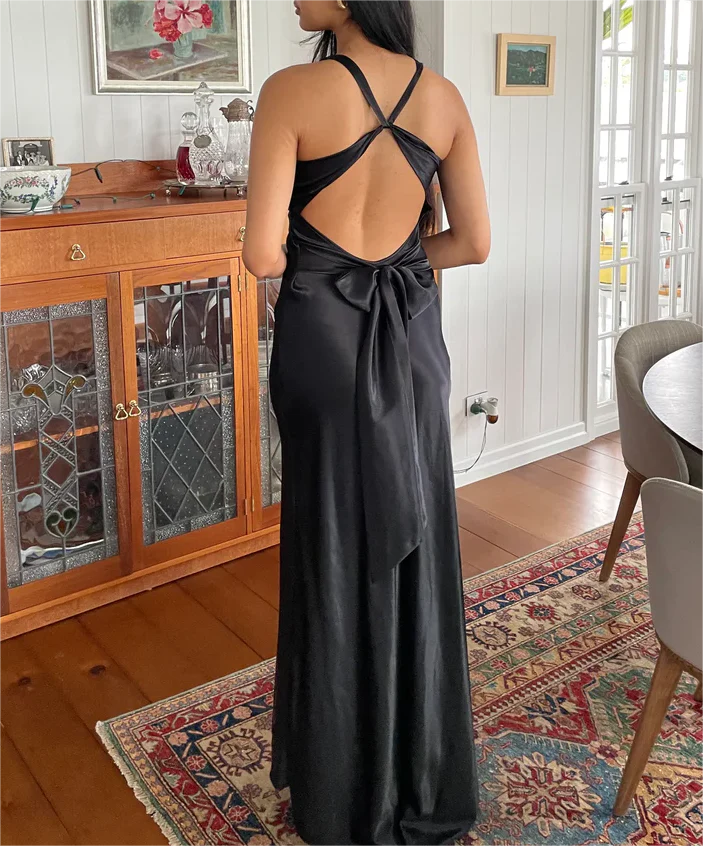 Black V Neck Backless Simple Satin Long Evening Party Dress Formal Dress