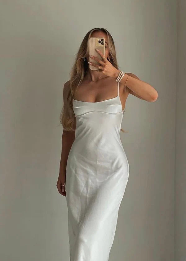 Chic Straps Backless Simple Satin Party Dress Charming Wedding Guest Dress Formal Dress