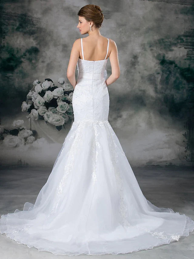 Wedding Dresses Sweetheart Neckline Chapel Train Lace Organza Satin Spaghetti Strap with Sashes Ribbons Bow(s) Beading