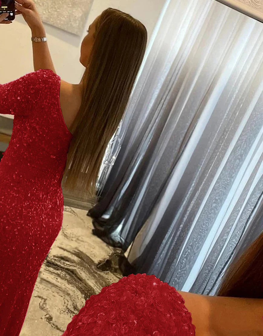 Sheath One Shoulder Sequins Prom Dress With Slit