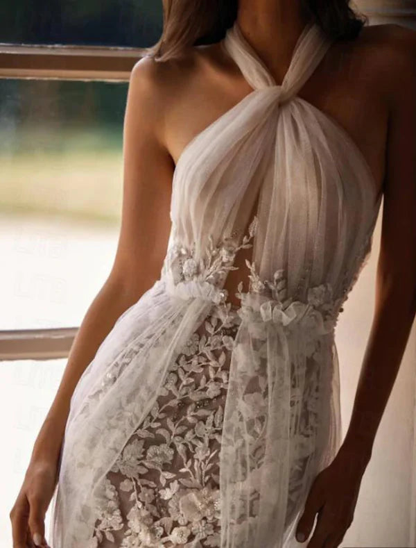 Romantic Boho Wedding Dresses Mermaid Sleeveless Court Train Lace Bridal Gowns with Appliques