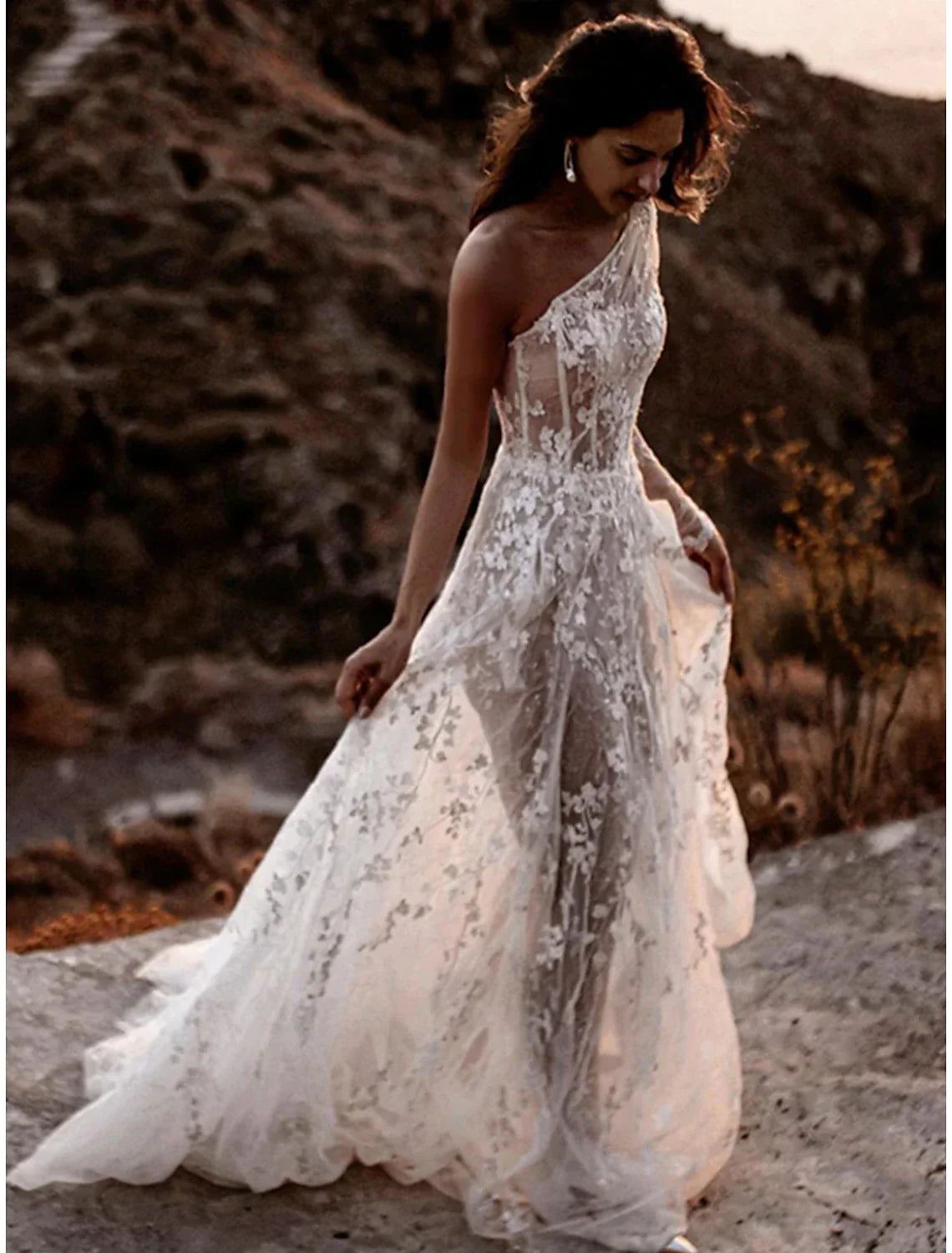 Romantic Wedding Dresses A-Line One Shoulder Charming Bridal Gowns With Slit Reception Dresses