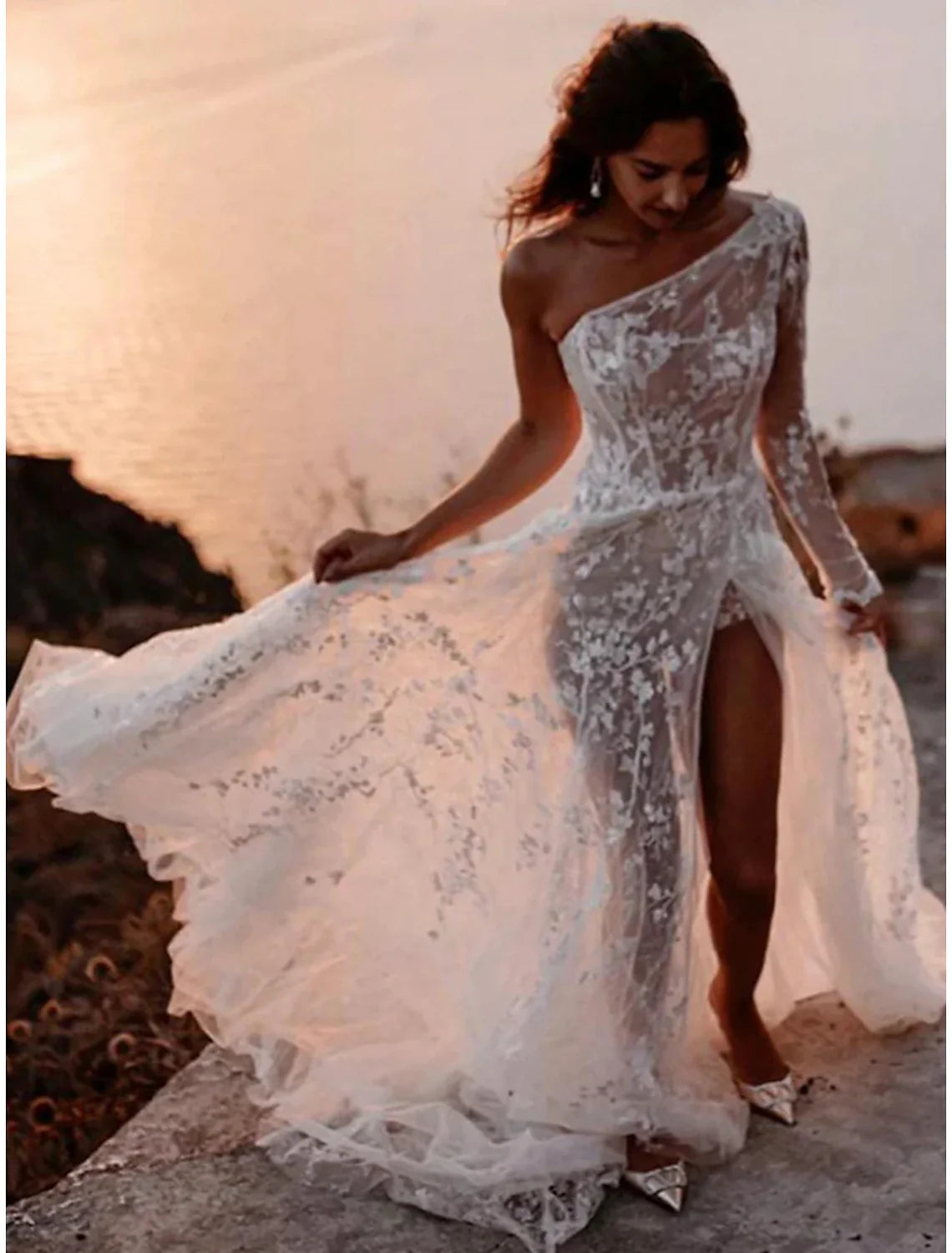 Romantic Wedding Dresses A-Line One Shoulder Charming Bridal Gowns With Slit Reception Dresses