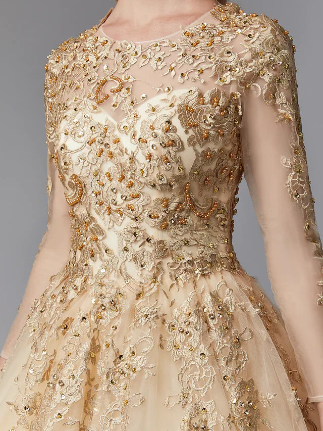Ball Gown Wedding Dresses Jewel Neck Lace Tulle Long Sleeve Glamorous See-Through Backless Modern with Beading Appliques Gold Color