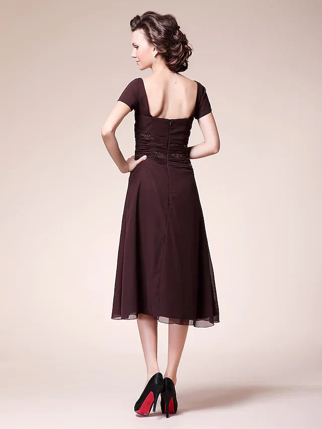 Ball Gown Cocktail Party Wedding Party Dress V Neck Short Sleeve Tea Length Chiffon with Ruched Beading