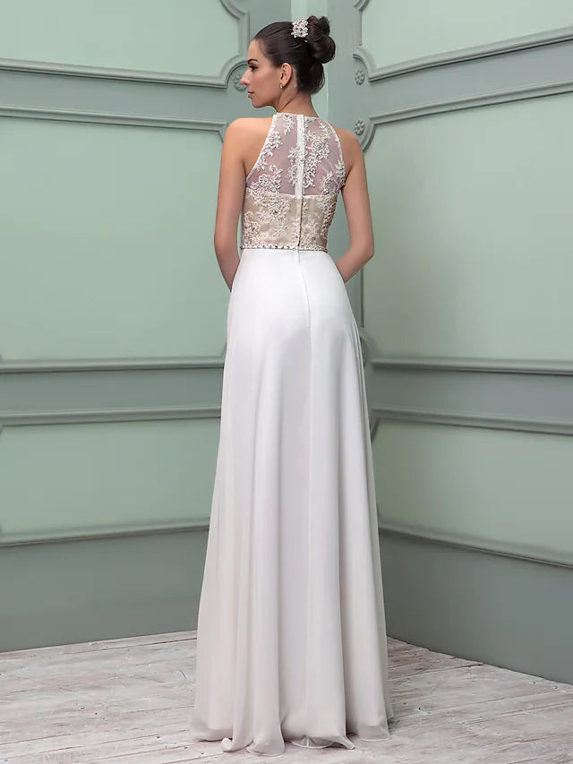 Wedding Dresses Jewel Neck Floor Length Chiffon Lace Regular Straps See-Through with Sash Ribbon Beading Split Front