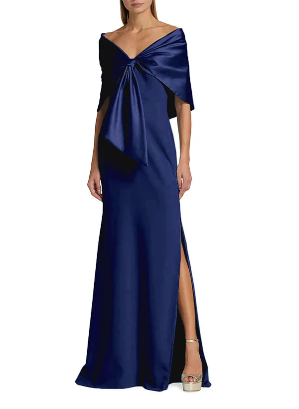 Slim fit/pillar V-neck side slit mother of the bride dress Navy Blue