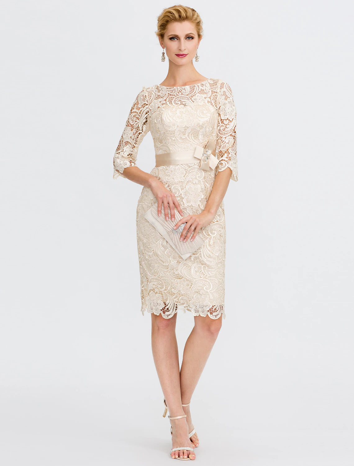 Sheath / Column Mother of the Bride Dress Formal Wedding Guest Elegant Plus Size Illusion Neck Knee Length All Over Lace 3/4 Length Sleeve with Bow(s)