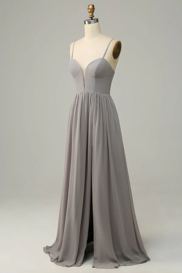 A-line thin shoulder strap slit long bridesmaid dress Party Dress