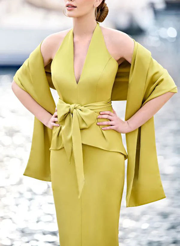 Bow wrap/column neck hanging mother of the bride dress With Slit