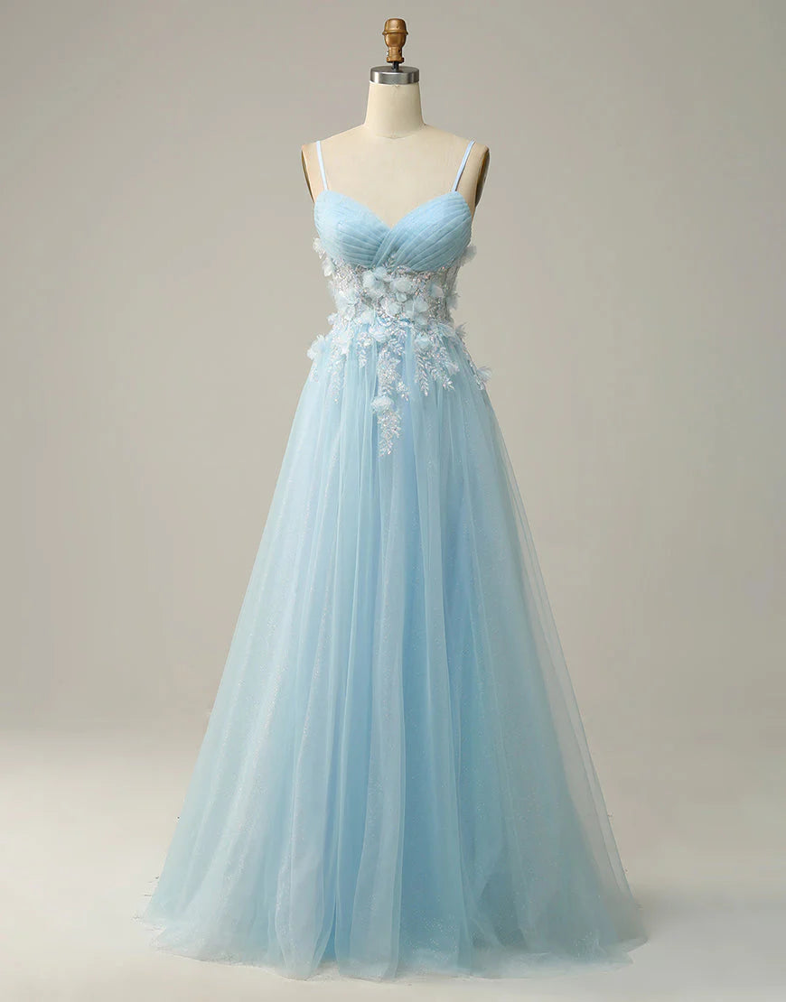 A Line Spaghetti Straps Sky Blue Long Prom Dress with Appliques