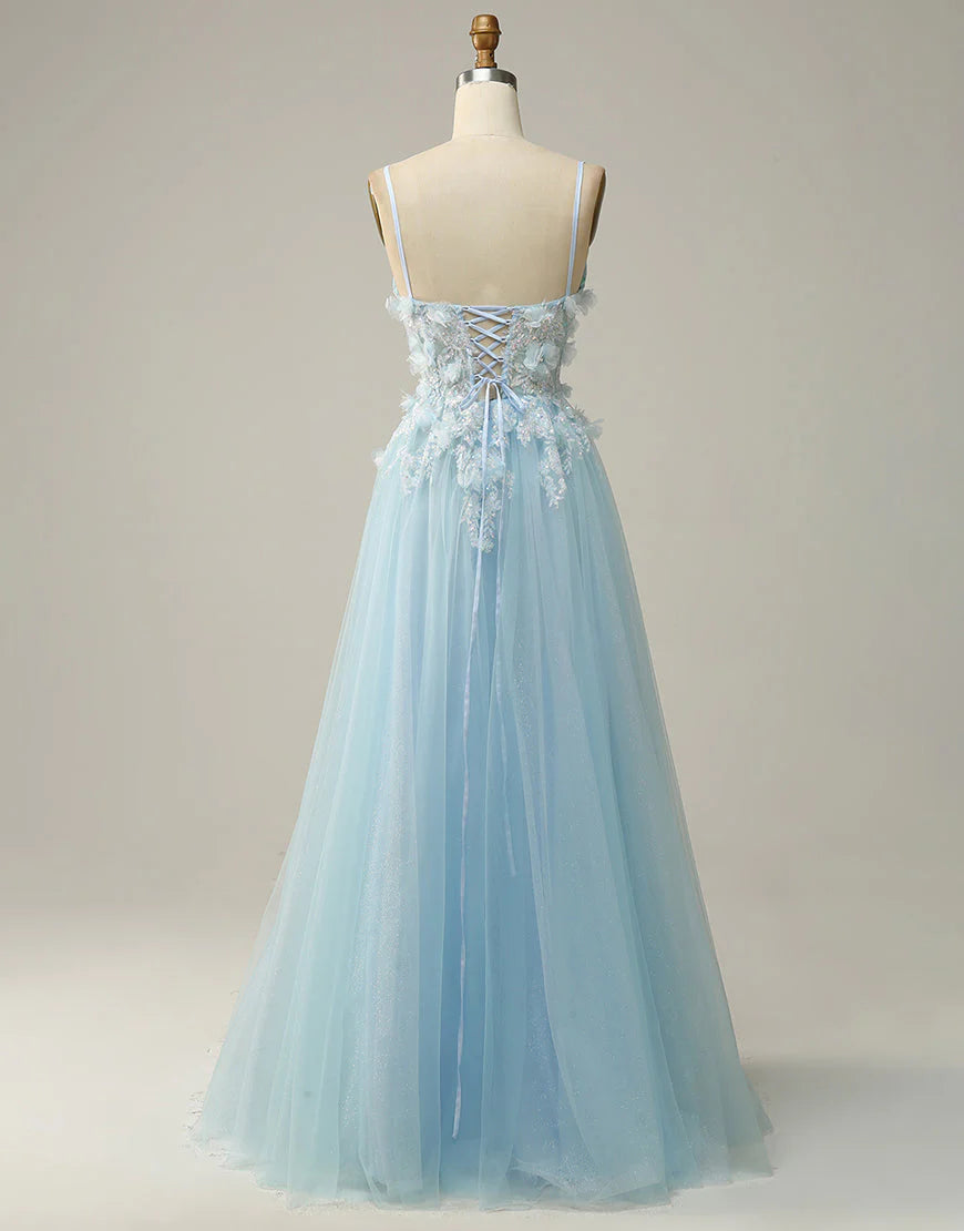 A Line Spaghetti Straps Sky Blue Long Prom Dress with Appliques