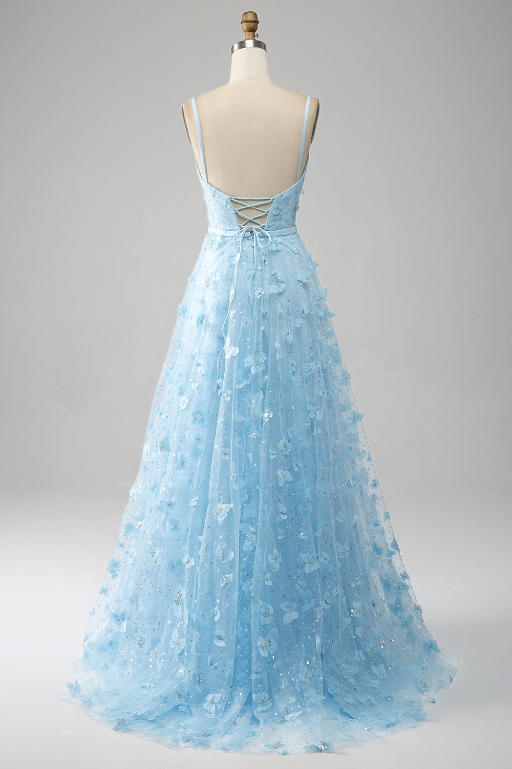Blue A Line Spaghetti Straps Long Prom Dress with 3D Butterflies Charming Evening Party Dress