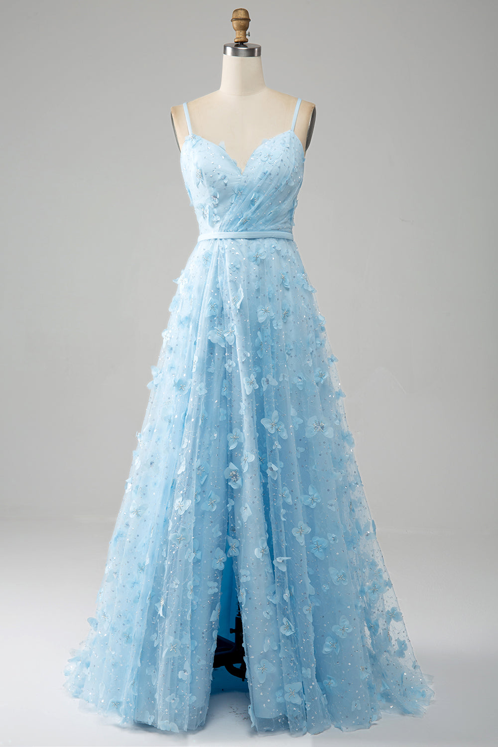 Blue A Line Spaghetti Straps Long Prom Dress with 3D Butterflies Charming Evening Party Dress