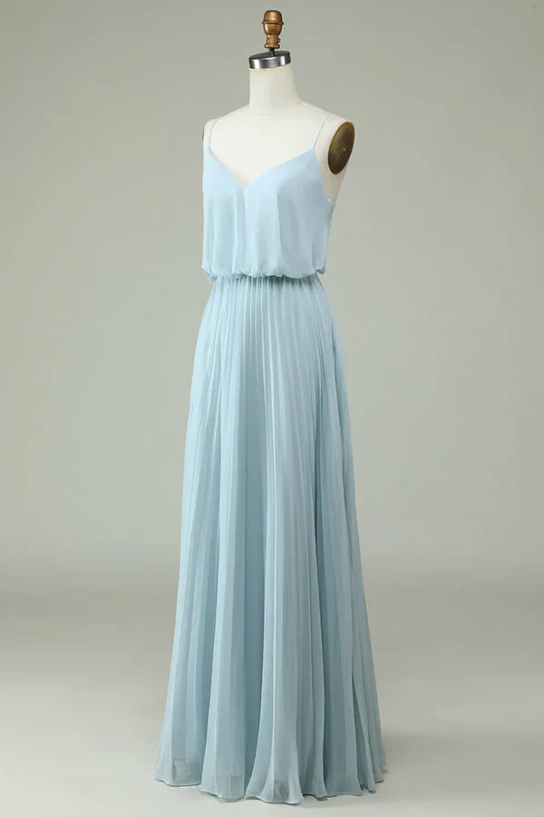 Chiffon thin shoulder strap sky blue long bridesmaid dress Solid Color Floor Length