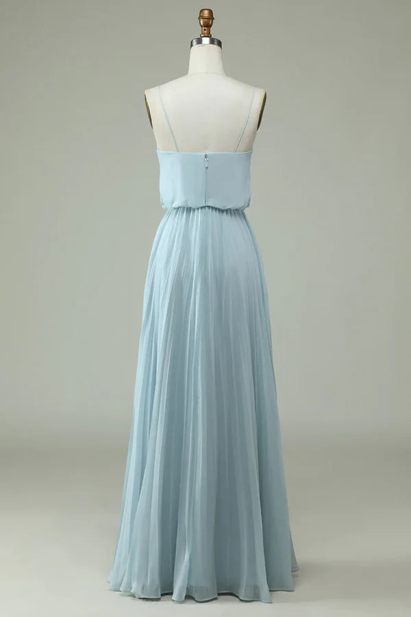 Chiffon thin shoulder strap sky blue long bridesmaid dress Solid Color Floor Length