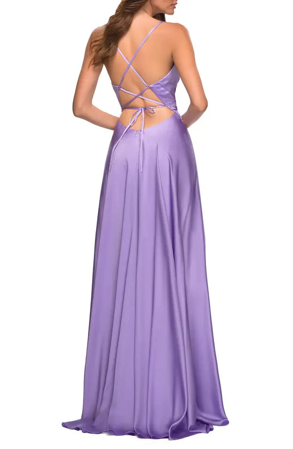 Noble thin shoulder strap off shoulder sleeveless satin and ground length off back strapping evening dress With Slit