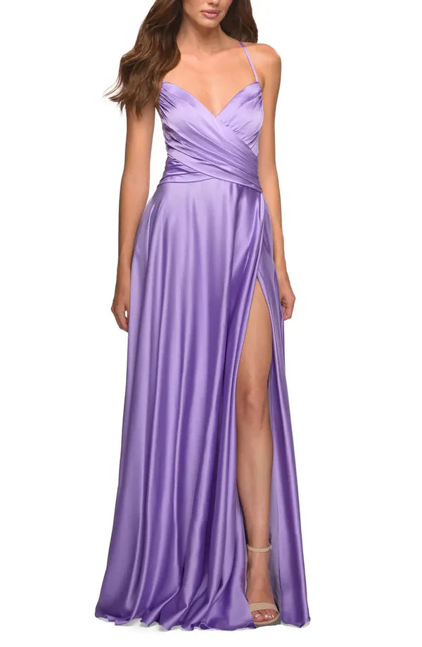 Noble thin shoulder strap off shoulder sleeveless satin and ground length off back strapping evening dress With Slit