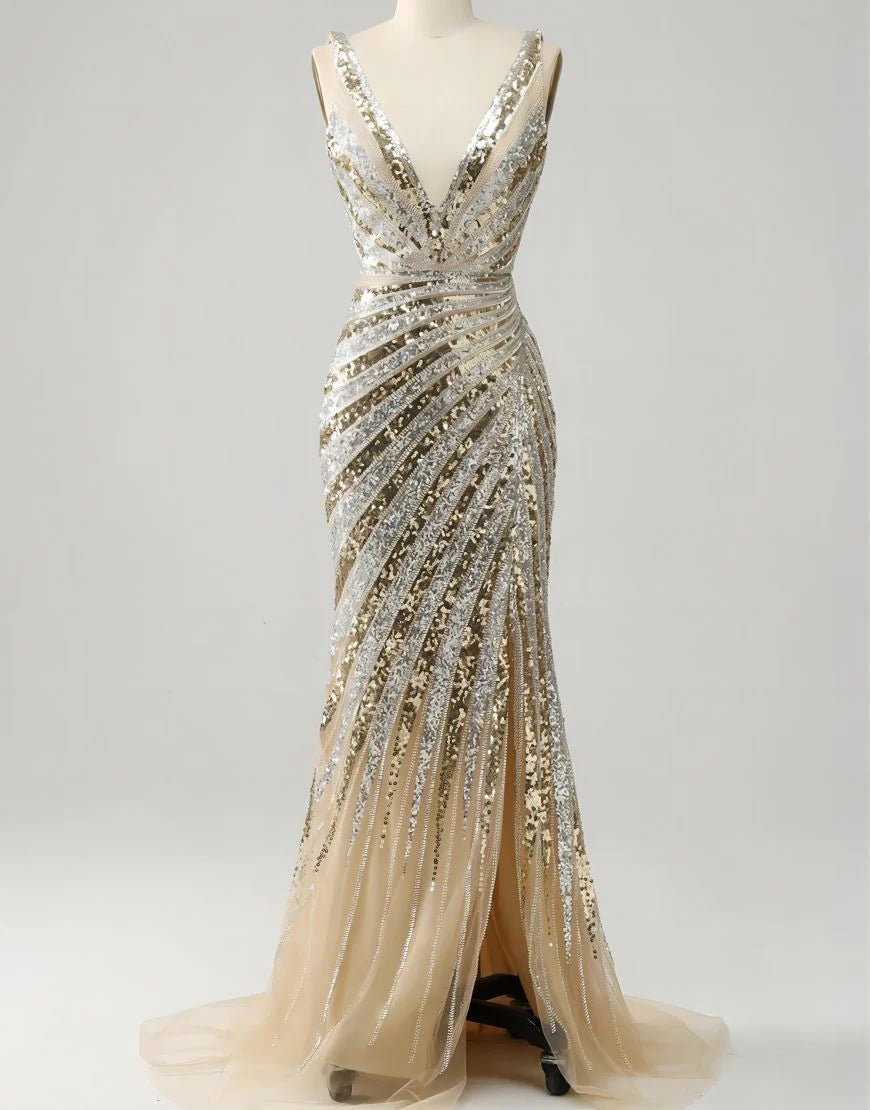 Sheath/Mermaid Low V Neck Long Prom Dress with Silt