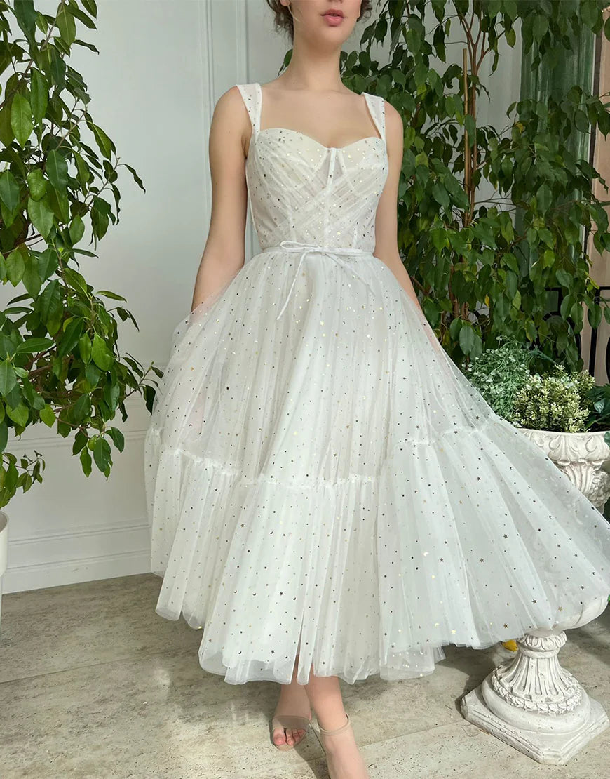 Short Straps Tulle White Homecoming Dress