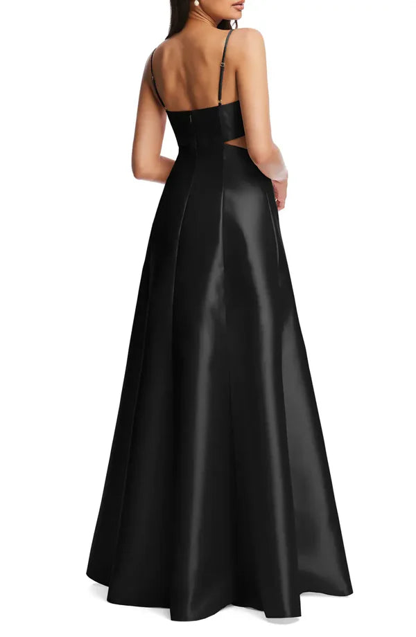 Noble thin shoulder strap open shoulder hollowed out satin surface backlss and floor length evening dress With Slit