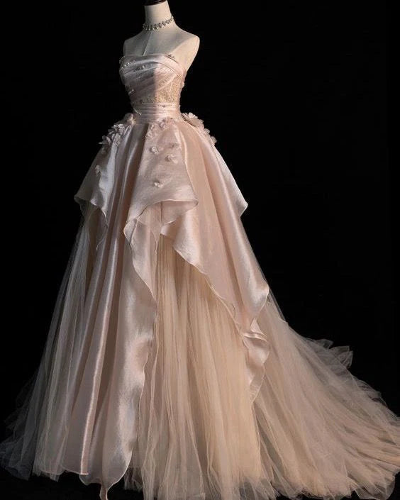 Sweet A-line Strapless Sleeveless Long Formal Prom Dress Charming Birthday Party Dress Elegant Evening Gowns