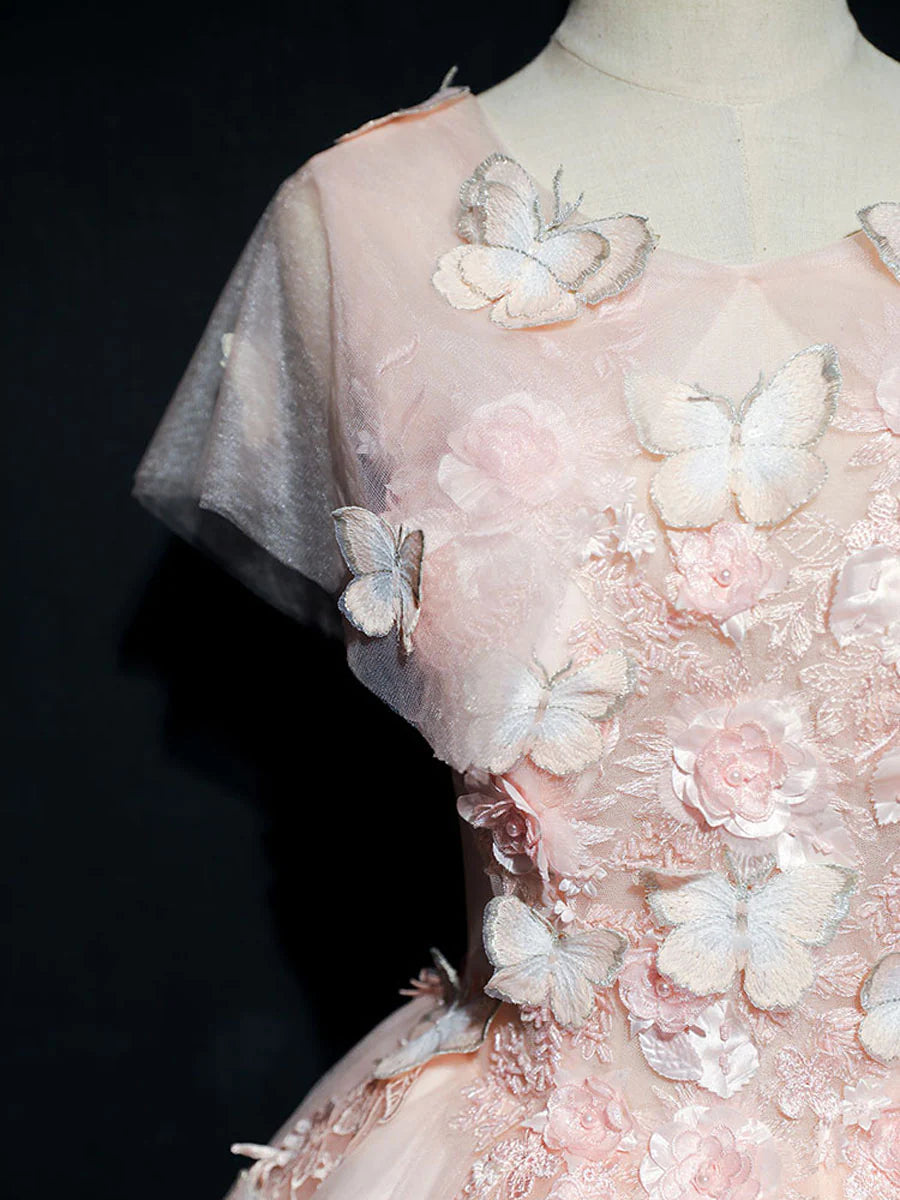 Ball Gown Princess Dress Performance Quinceanera Floor Length Scoop Neck Sweetheart Neck Tulle Long Prom Gown Sweet 16 Dress With 3D Butterflies