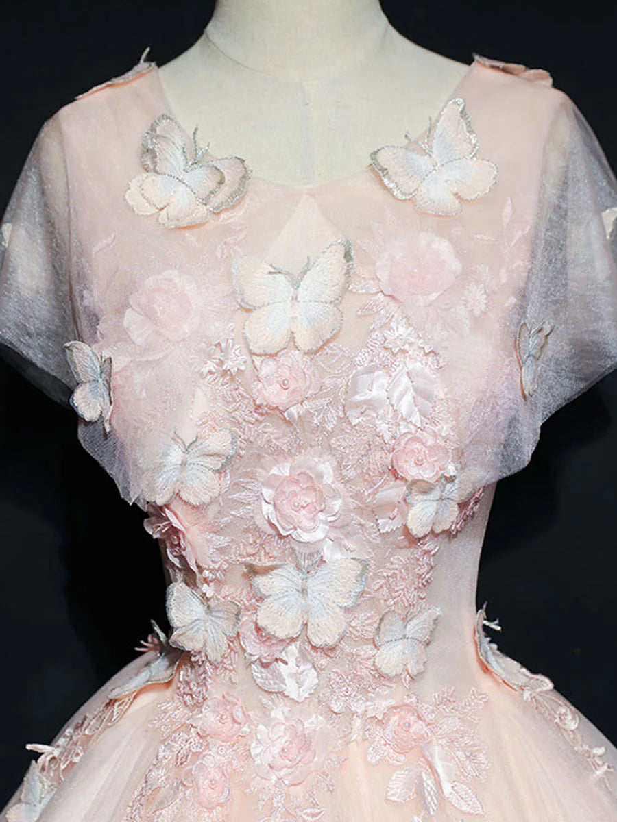 Ball Gown Princess Dress Performance Quinceanera Floor Length Scoop Neck Sweetheart Neck Tulle Long Prom Gown Sweet 16 Dress With 3D Butterflies